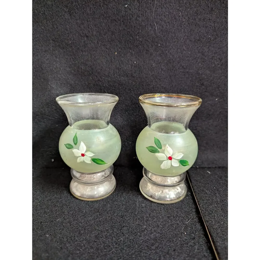 Vintage Frosted Green Hand-Painted Miniature Vases with Silver-Tone Bases - Pair - Picture 2 of 8